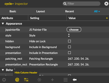 The inspector view, with 'Show Column Header' enabled, displaying the header for the table of attribute names and values.