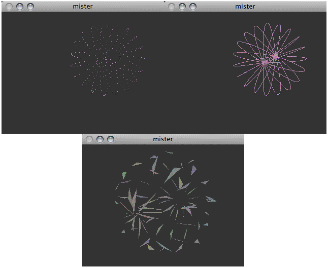 Using different drawing primitives:  points  (left),  line_strip  (center), and  triangles  (right)