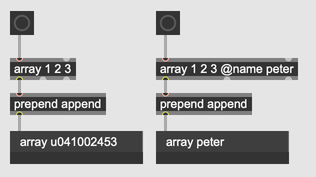 On the left, an array object connected to a chooser object, demonstrating the unique name assigned to array objects by default. On the right, an array with the name Peter.