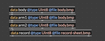 The RNBO patch showing four data objects loading the bitmap files