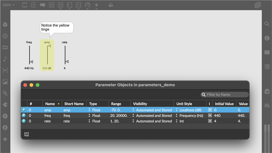 "The Parameter Window, with a row containing the 'amp' parameter selected. A live.slider object that owns the 'amp' parameter has a yellow highlight in the patcher window."