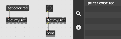 Two dictionary objects with the same name. The left dictionary has a key-value pair set, but printing the right dictionary shows that the two have the same contents.