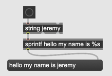 A string object connected to a sprintf object, showing how the string gets converted automatically to a symbol