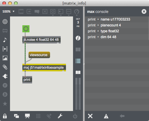 Information about our matrix printed in the Max console.