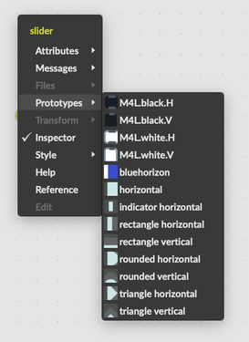 The transformation menu for a slider object, expanded to reveal all of the prototypes defined for a slider. 