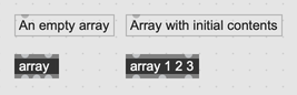 An Max patcher containing two object boxes. The first has the contents "array" and the second has the contents "array 1 2 3". A comment describes the first object as an empty array, and the second object as an array with initial contents