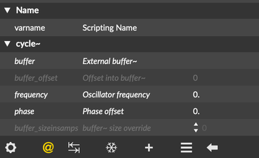 The inspector for the cycle~ object, showing the italic font used for the unsaved 'buffer' attribute, and the regular font used for the saved 'varname' attribute.