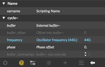 The inspector view for a cycle~ object, showing the frozen 'frequency' attribute. The current value of the attribute is 440, and the frozen value is also 440.