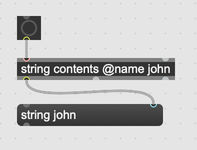 A string object without a @name attribute. Hovering of a patchcord to show how a string is actually passed between objects, and a message box showing how a string will be rendered when received in its right inlet.