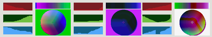 Three sets of  multislider  objects and their resulting color lookup tables and output color wheels