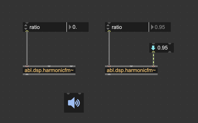 A Max patcher with two abl.dsp.harmonicfm~ objects showing the ratio attribute with an attrui. The second abl.dsp.harmonicfm~ object has a signal routed to the third inlet, and the attached attrui shows the ratio attribute grayed out.