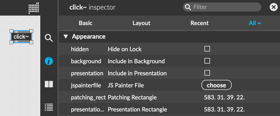 The inspector sidebar, showing attributes for the selected click~ object.