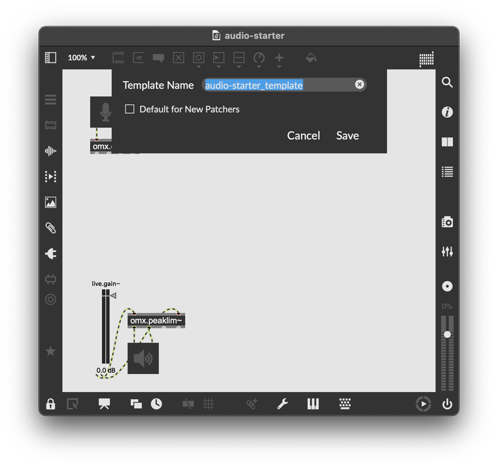 Max patcher with a modal dialog revealing asking for the name of the new template