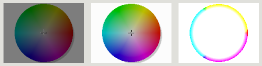 The color wheel with  brightness  values of  0.5 ,  1.5 , and  10 , respectively