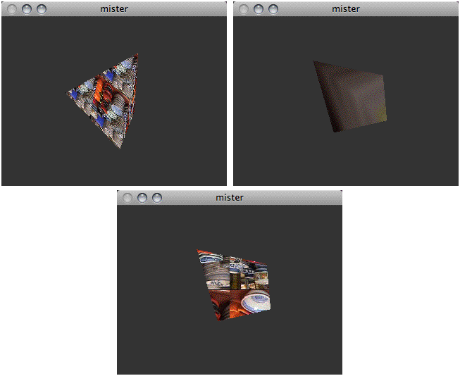 Using different implicit mapping modes: object linear (left), sphere map (right), eye linear (lower).