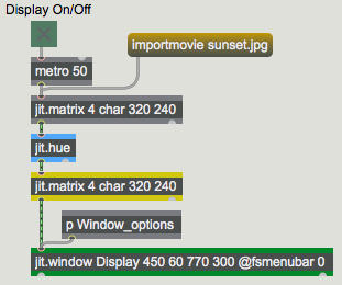 The matrix goes (through  jit.hue ) to another  jit.matrix , then to  jit.window