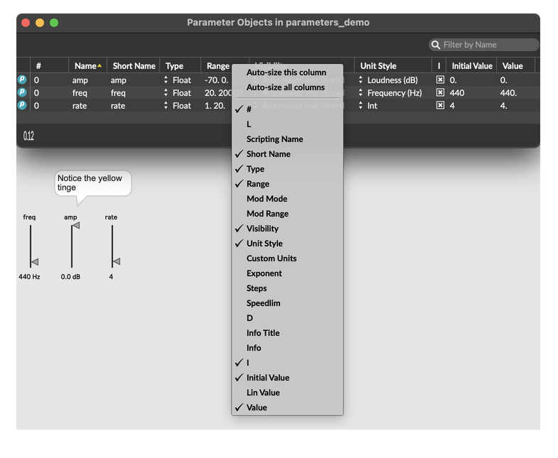 "The Parameter Window, with a row containing the 'amp' parameter selected. A live.slider object that owns the 'amp' parameter has a yellow highlight in the patcher window."