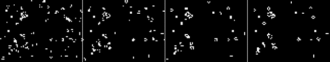 The first four generations of the Game of Life performed on the dataset above